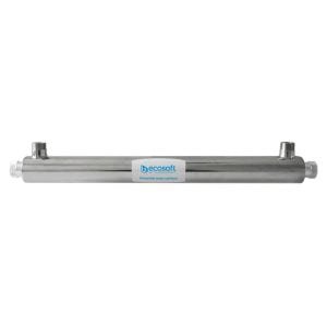 High-efficiency UV sterilizer for water purification, EcoSoft brand, stainless steel construction, suitable for residential and commercial water treatment systems.
