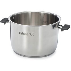 Stainless steel instant pot with measurement markings, black handles, and a sleek design, ideal for efficient cooking and food preparation.