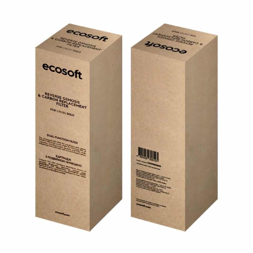 Reverse osmosis carbon replacement filter box for EcoSoft Cross Solo water purification system.
