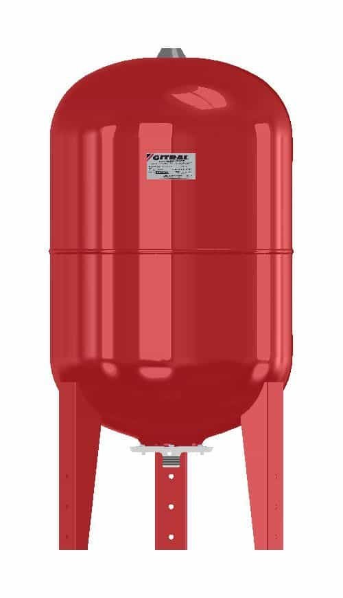 Red expansion tank for heating and cooling systems, high-quality pressure vessel for HVAC applications.