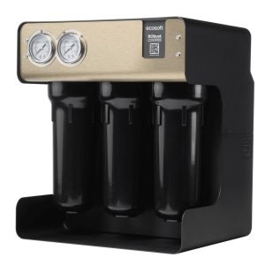 High-capacity water filtration system with three black filter cartridges and a digital pressure gauge, suitable for advanced water purification applications.