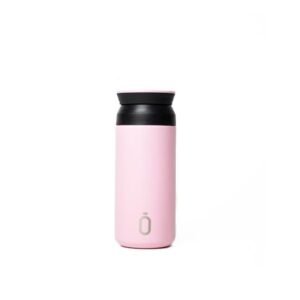 Stainless steel insulated travel mug with a sleek pink design, perfect for keeping beverages hot or cold on the go.