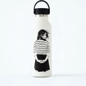 Love Water Bottle with Artistic Illustration of a Woman in Striped Shirt Drinking, Reusable and Eco-Friendly Hydration Accessory.