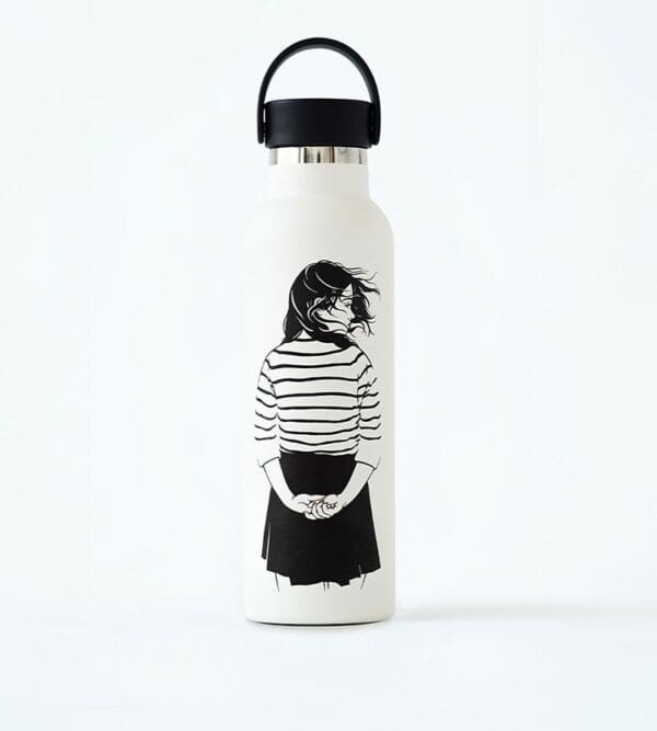 Love Water Bottle with Artistic Illustration of a Woman in Striped Shirt Drinking, Reusable and Eco-Friendly Hydration Accessory.