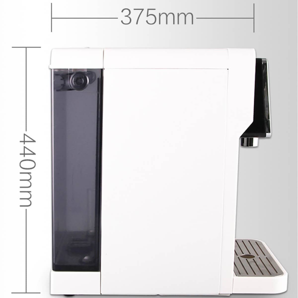 Filterplace.lt modern water dispenser with sleek white design and black front panel, measuring 375mm width and 440mm height, featuring a compact and stylish appearance for home or office use.